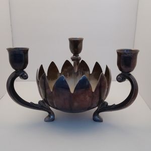 Vintage Tarnished Silver Plated Leonard Lotus Triple Candle Flower Centerpiece V